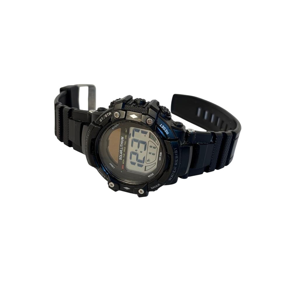 Mens Sport Watch black solar lithium. Water resistant 50M, stop watch. Works